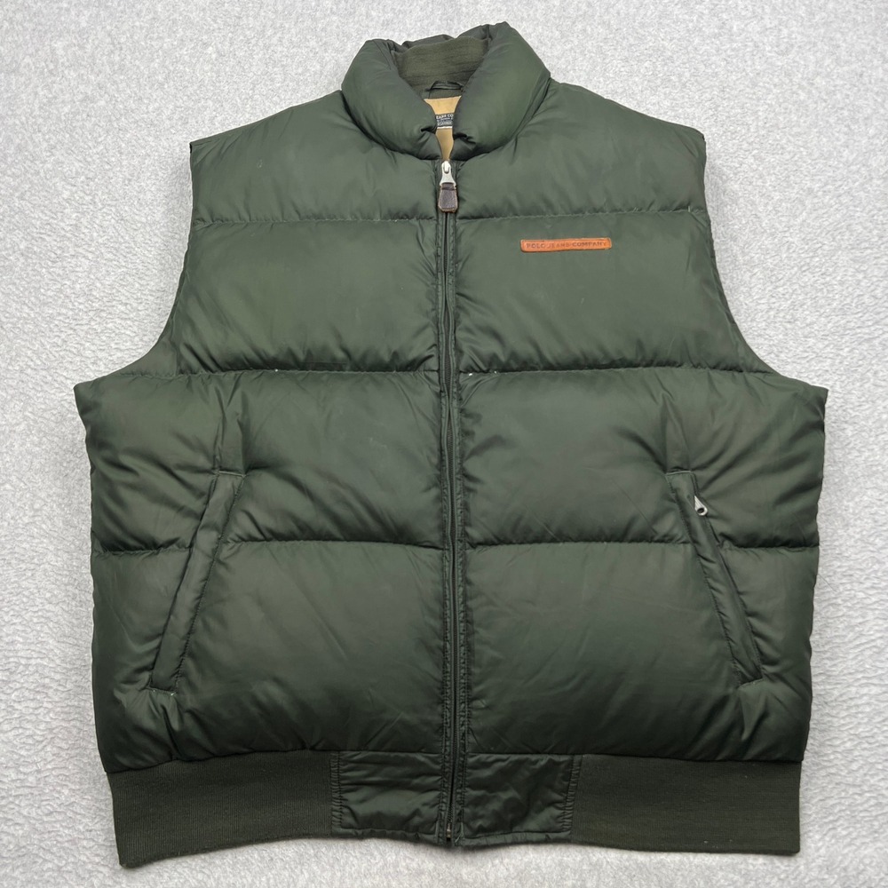 Polo Jeans Company Down Puffer Vest Mens XL Green Puffer Quilted Full Zip Logo